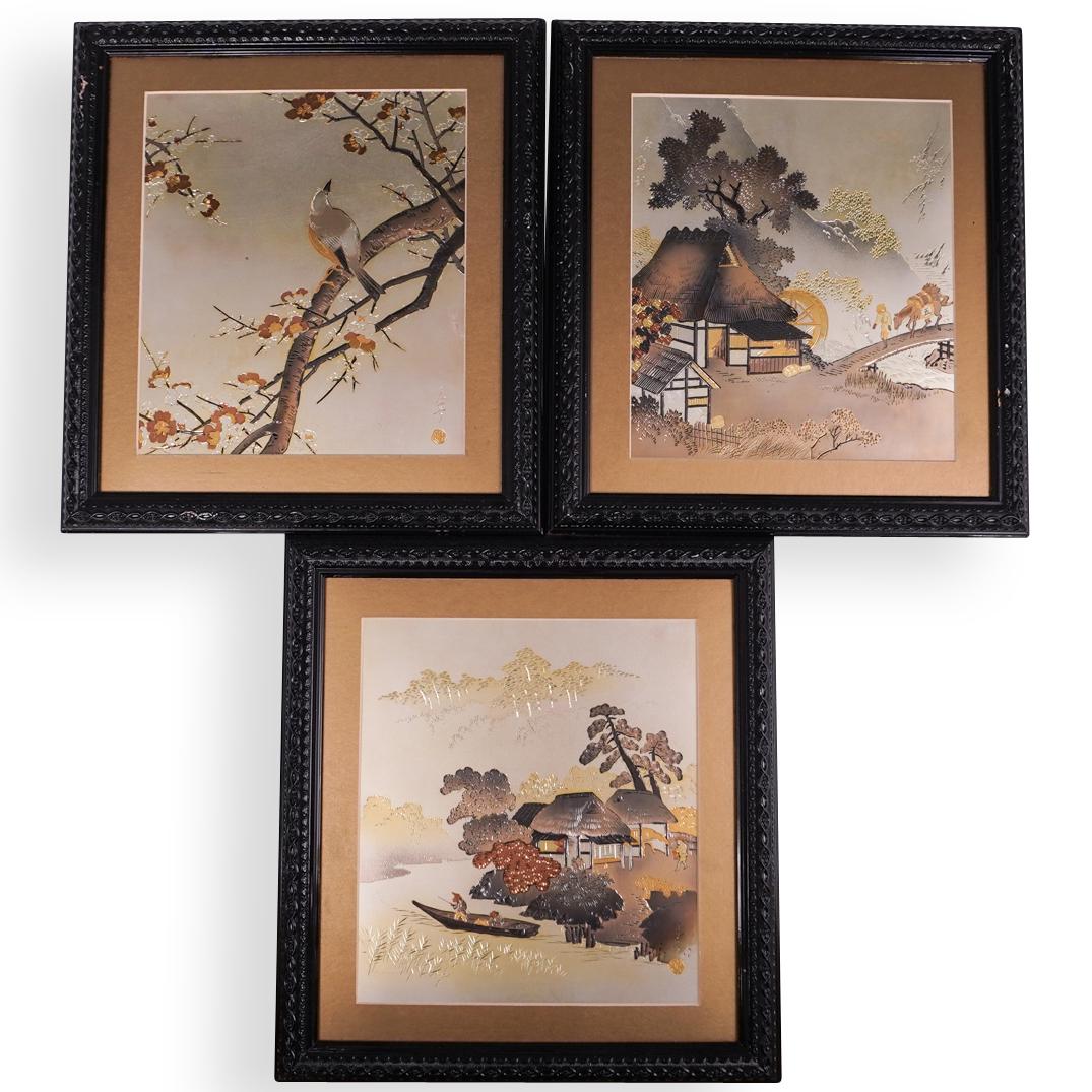 (3 Pc) Japanese Etched Framed Plaques (1 of 4)