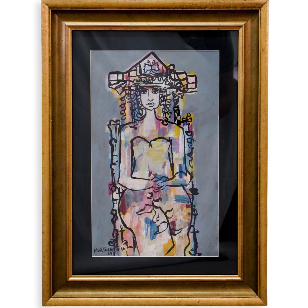 Rene Portocarrero (Cuban. 1912-1985) Mixed Media: DESCRIPTION: A Mixed media painting on cardboard by Cuban artist Rene Portocarrero, signed and dated along the lower left. COA attached to back. CIRCA: Mid-Late 20th Cent. ORIGIN: Cuban DIMENSIONS: H:
