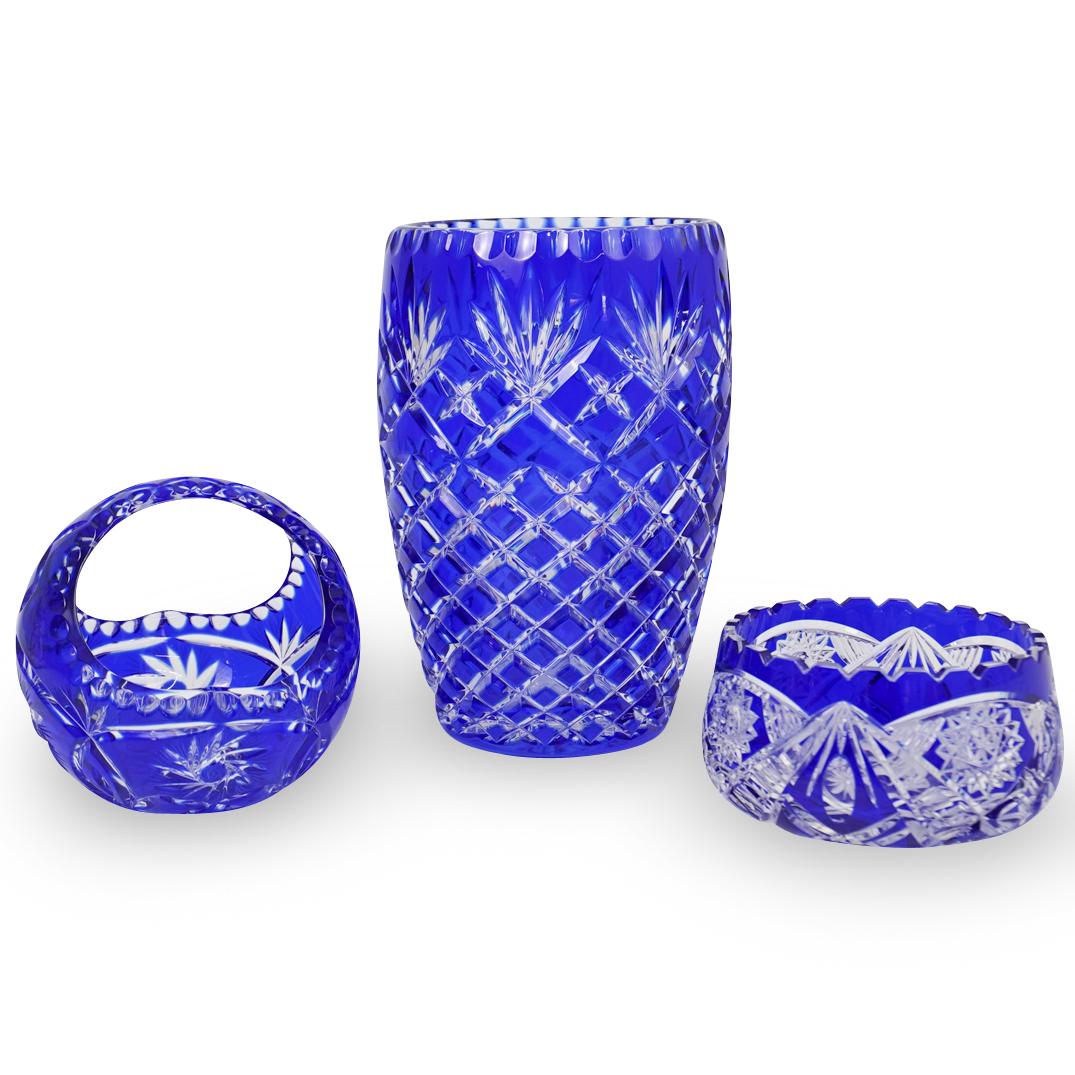 (3 Pc) Bohemian Cobalt Crystal Vase Grouping (1 of 4)