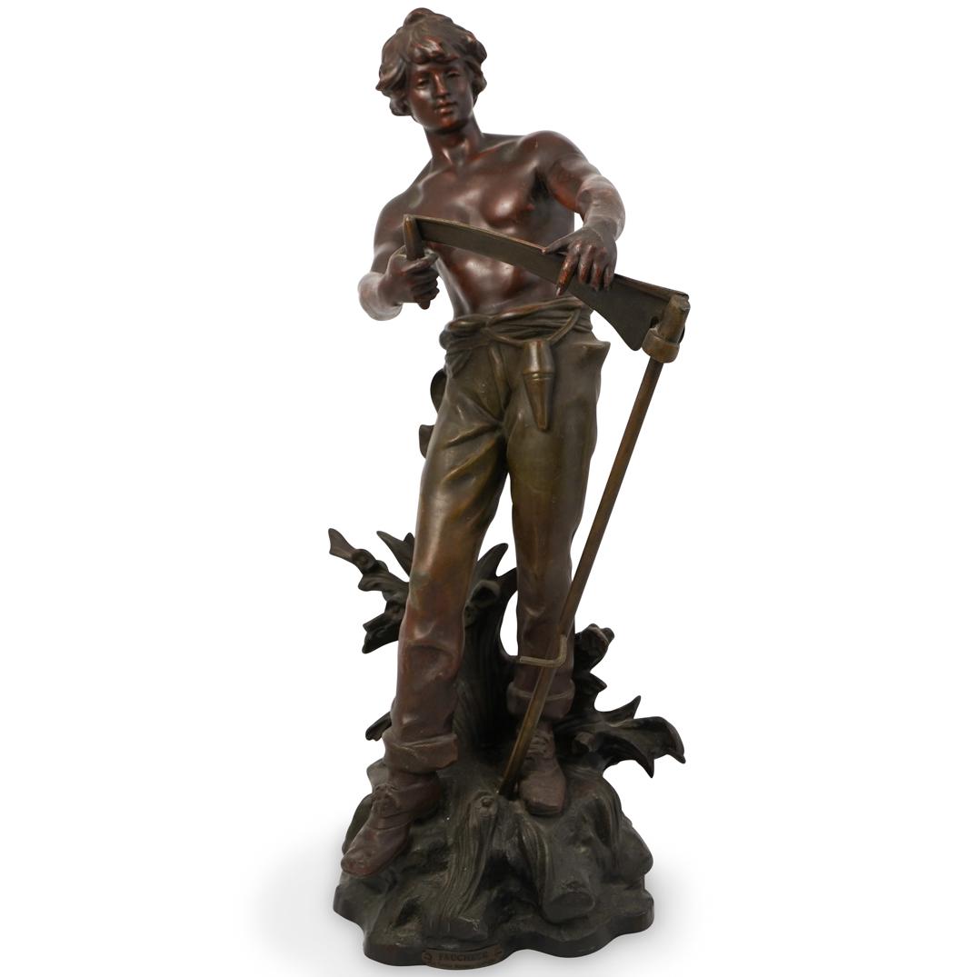"Faucheur" Pot Metal Sculpture: DESCRIPTION: An Art Nouveau style sculpture of a field worker sharpening his scythe. Signed "Aug Moreau" at base. Plaque mounted "Faucheur, Par Louis Moreau" CIRCA: Mid 19th - Early 20th Ct. ORIGIN: C