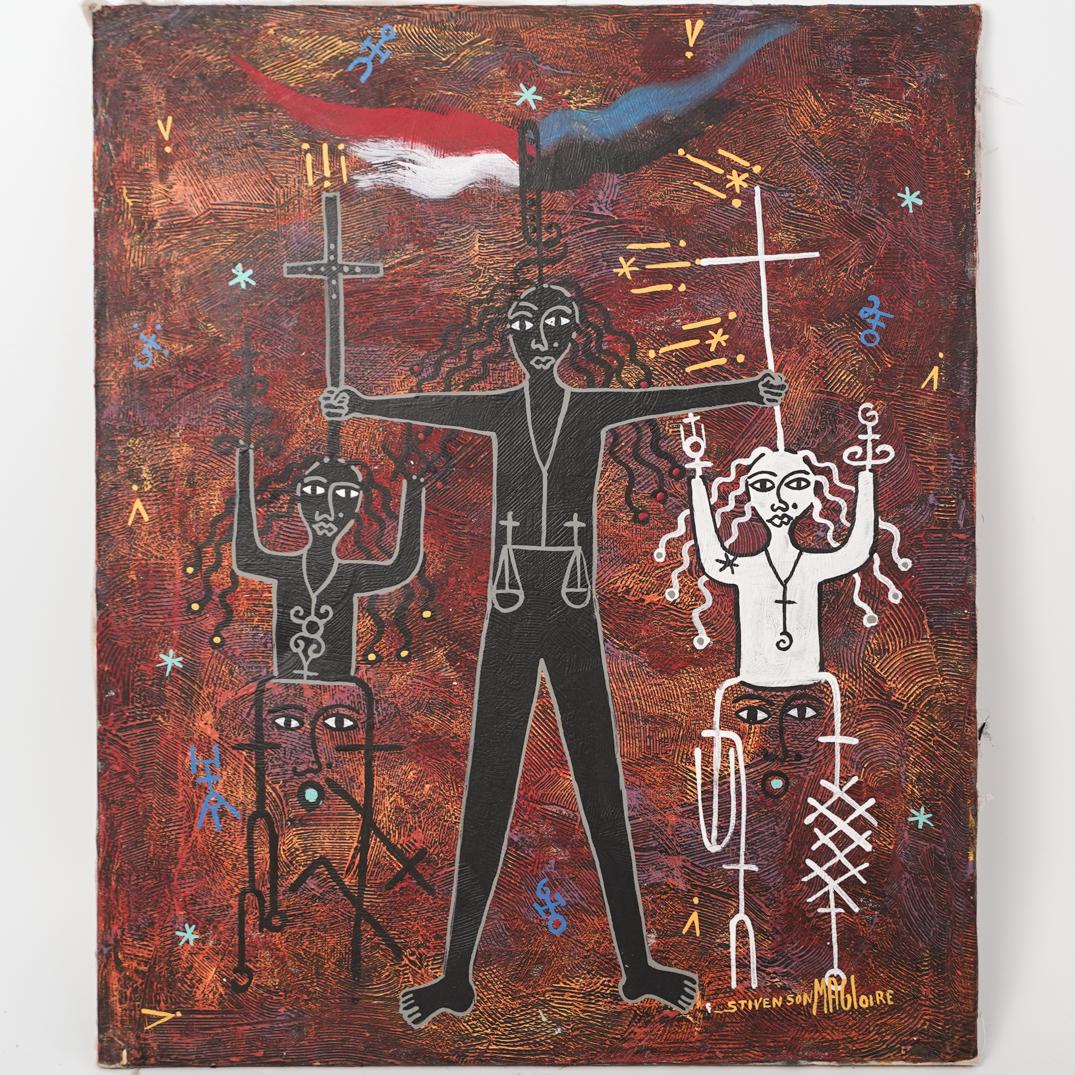 Stevenson Magloire (Haiti/Petionville, 1963-1994): DESCRIPTION: A oil on canvas Painting by Haitian artist Stevenson Magloire depicts loas and symbols, signed along the bottom right. Unframed CIRCA: Late 20th Cent. ORIGIN: Haiti DIMENSIONS: H: 24" W: