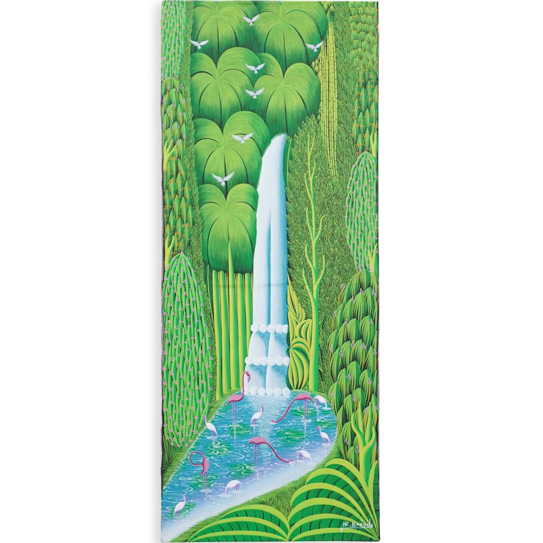 Henri-Robert Bresil (Haitian. 1952-1999) Oil on Canvas: DESCRIPTION: A Oil on canvas painting by Henri- Robert Bresil depicts a waterfall setting decorated with flamingo and bird figures, signed along the bottom right. Unframed CIRCA: Late 20th Cent. ORIGI