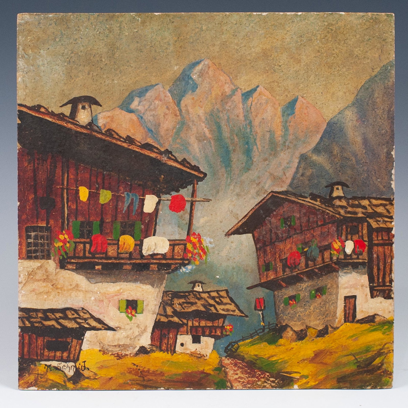 Karl Schmidt (American. 1862-1960) Painted Tile: DESCRIPTION: a painted ceramic tile by American artist Karl Schmidt depicts a row of cabins with a mountainous backdrop, signed on the bottom left "K. Schmidt". CIRCA: Early-Mid 20th Ct.Ã‚ ORIGIN: 