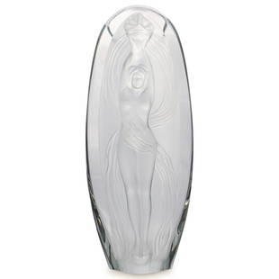 Marie Claude Lalique Figural Vase: A lalique crystal erotic figural vase in a clear and frosted design by marie Claude Lalique. Traditionally marked on the bottom Lalique France. CIRCA: Late 20th ct ORIGIN: France DIMENSIONS: H:13.25