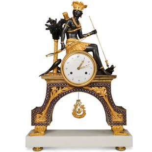 Rare 19th Cent French Empire Gilt Bronze Mantel Clock: Rare 19th Cent French Empire Gilt Bronze Mantel Clock. The rare gilt and patinated clock is titled " The American Indian". The case is attributed to Jean-Simon Deverberie (1764-1824), who is one of