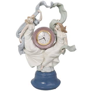 Lladro " Allegory of Time" Porcelain Clock: Large limited edition Lladro " Allegory of Time" Porcelain Clock Features two regal women in white dresses centered by a quartz clock. Sits atop a blue porcelain base. Finished in a glossy glaze.