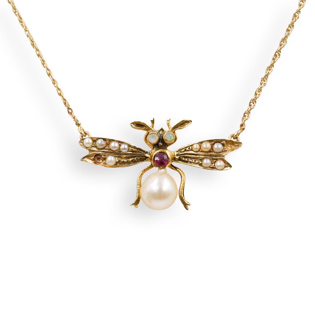 Vintage 14K Gold & Pearl Bee Necklace (1 of 3)