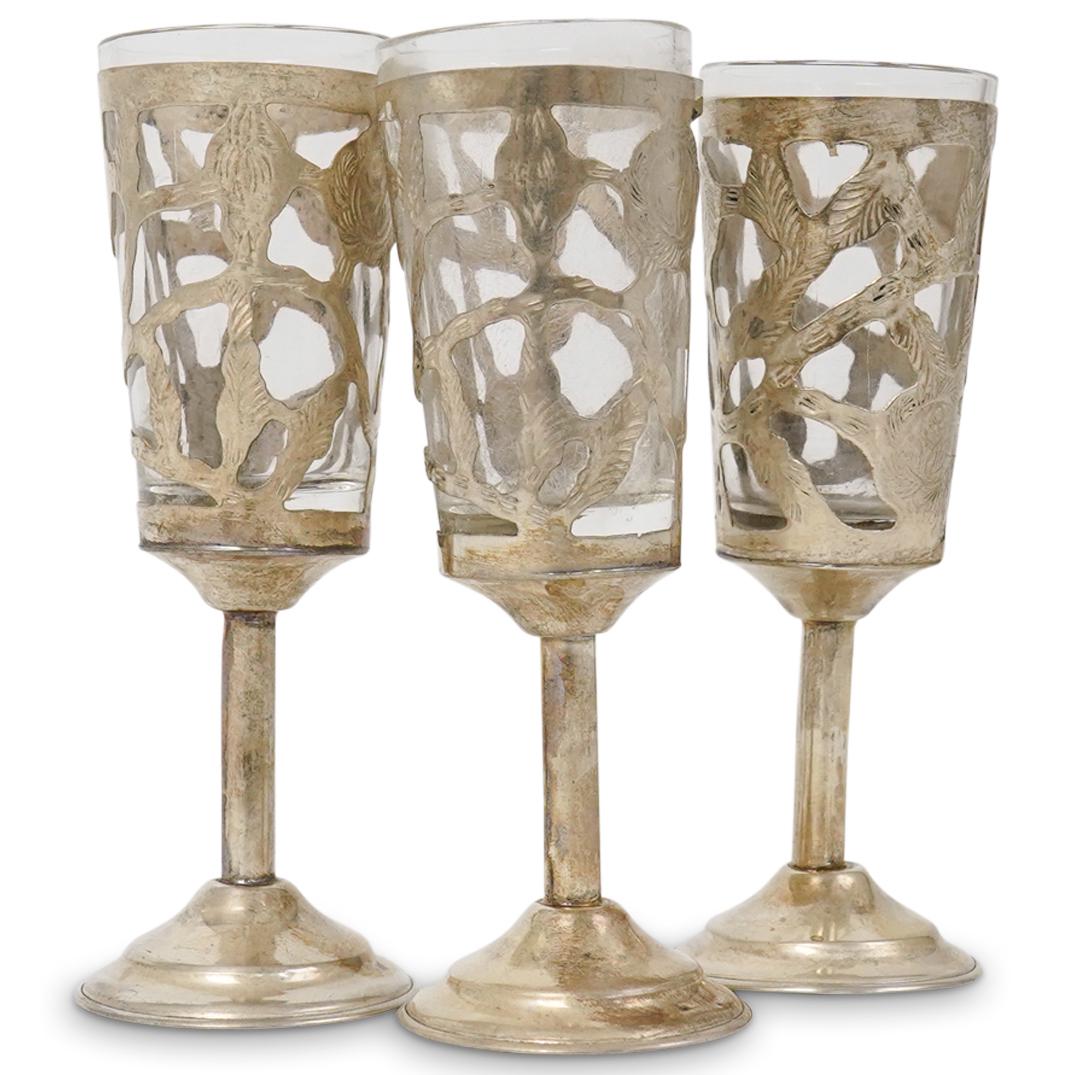 (3 Pc) Mexican Sterling Overlay Glass Cordials (1 of 3)