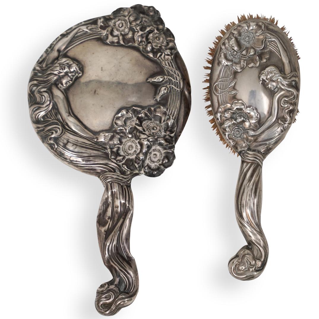 Art Nouveau Silver Hair Brush & Mirror Set (1 of 6)
