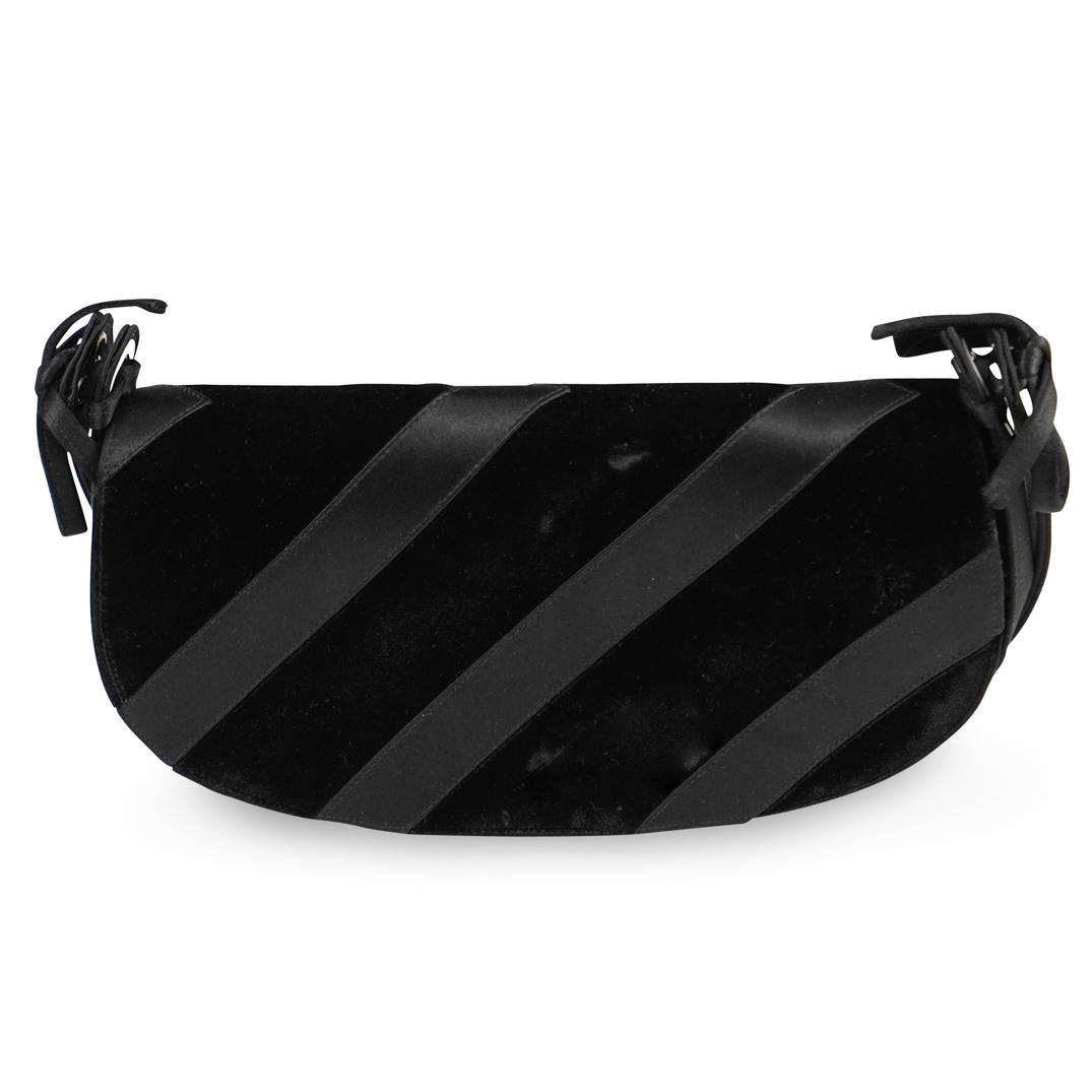 Salvatore Ferragamo Black Velvet Clutch: A Salvatore Ferragamo black velvet evening clutch, with satin and velvet texture, interior pockets with button closure. Labeled on interior. CIRCA: 20th Century ORIGIN: Italy DIMENSIONS: H. 6" x W. 9.