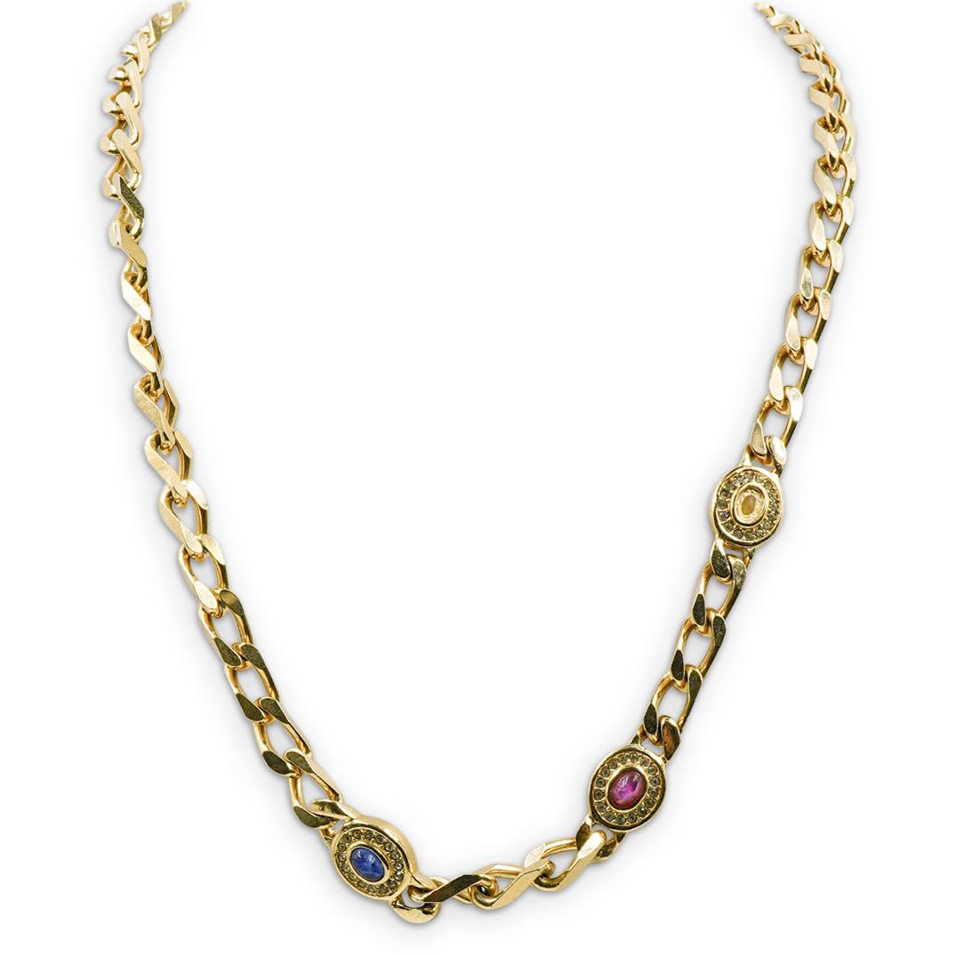 Christian Dior Costume Jewelry: Christian Dior costume jewelry featuring a gold tone and decorated with synthetic stones throughout. Stamped "Chr. Dior" on clasp. CIRCA: Late 20th Century ORIGIN: France DIMENSIONS: L 35.0" CONDITION