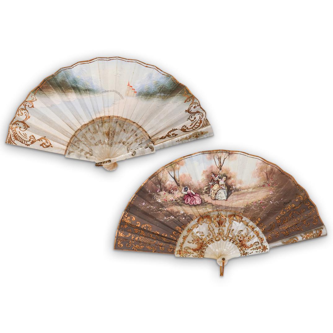 (2 Pc) Hand Painted Chinoiserie Italian Fans (1 of 7)