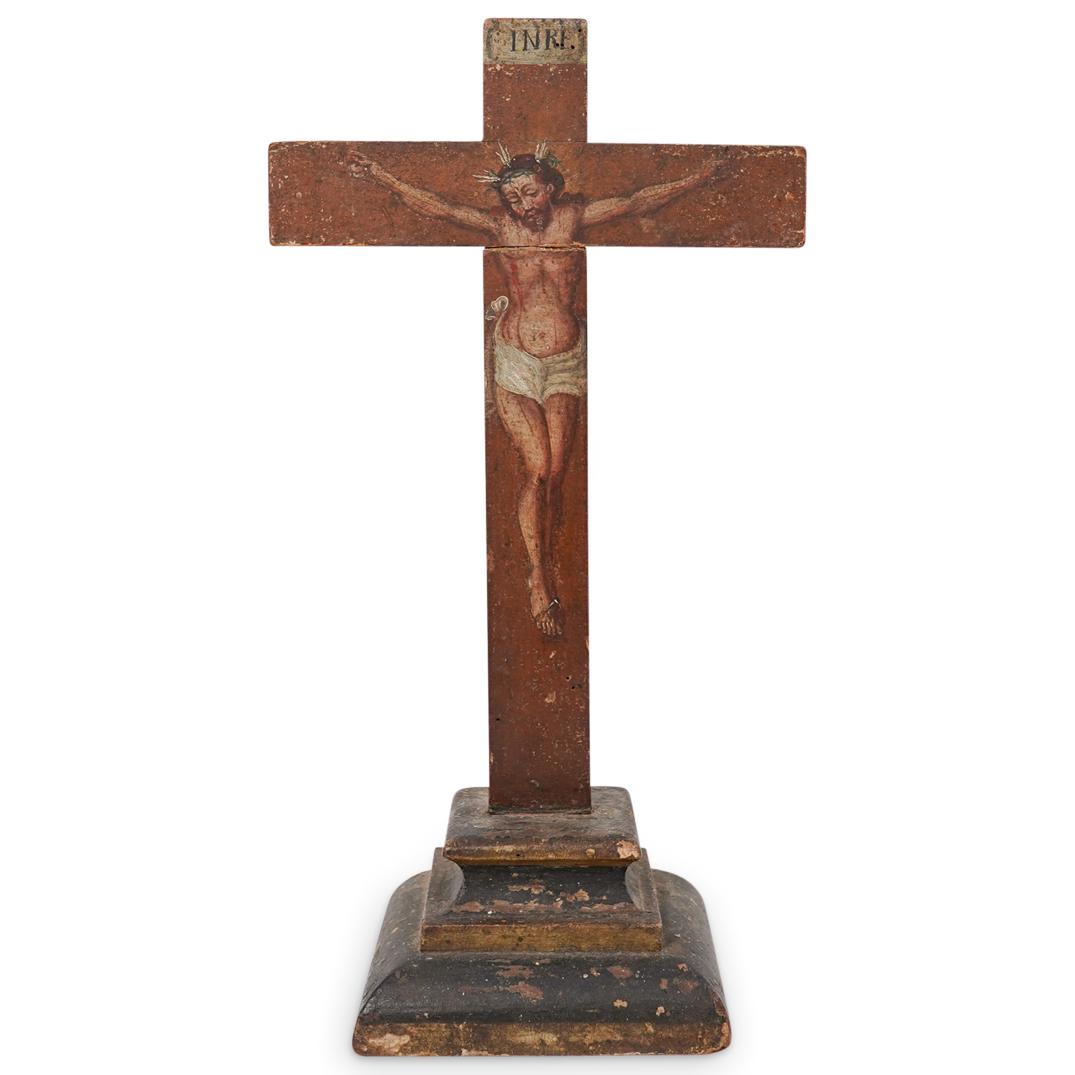 Antique "INRI" Hand Painted Wood Crucifix (1 of 4)