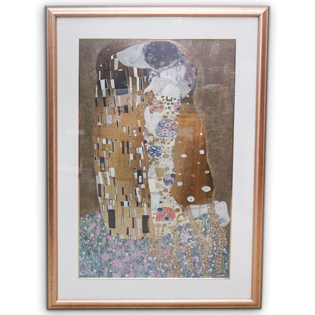 Gustav Klimt "The Kiss" Print: DESCRIPTION: A Print after Gustav Klimt titled "The Kiss" depicts the famous painting with reflective tones.CIRCA: 20th Cent.ORIGIN: USADIMENSIONS: H: 42" W: 29"CONDITION: Great condition. See lot des