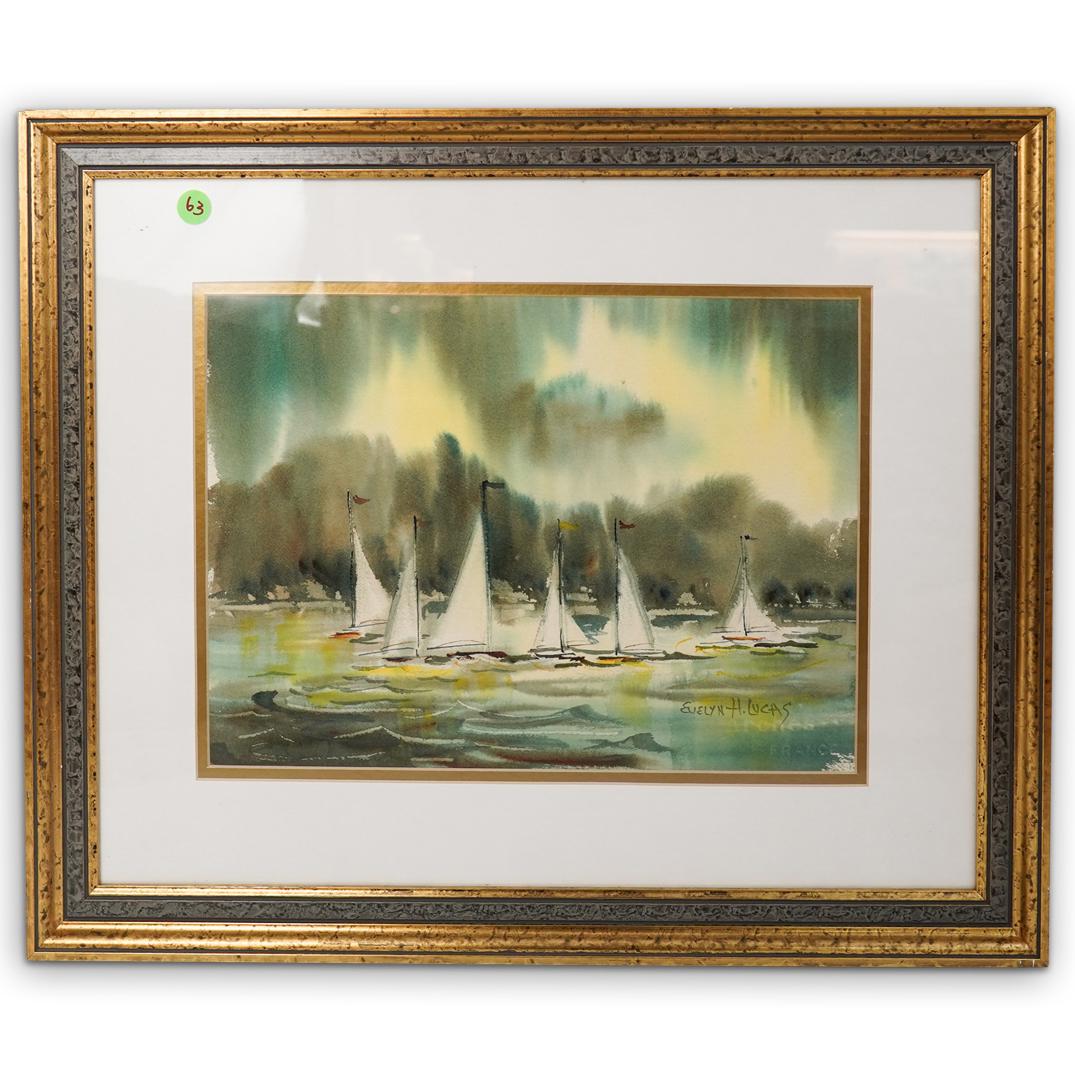 Evelyn Lucas (American. xx) Watercolor Painting: DESCRIPTION: Evelyn Lucas Watercolor painting depicts multiple sail boats in a ocean setting, signed along the bottom right.CIRCA: Mid 20th CEnt.ORIGIN: USADIMENSIONS: H: 18.5" W: 23"Ã‚ CONDITION: 