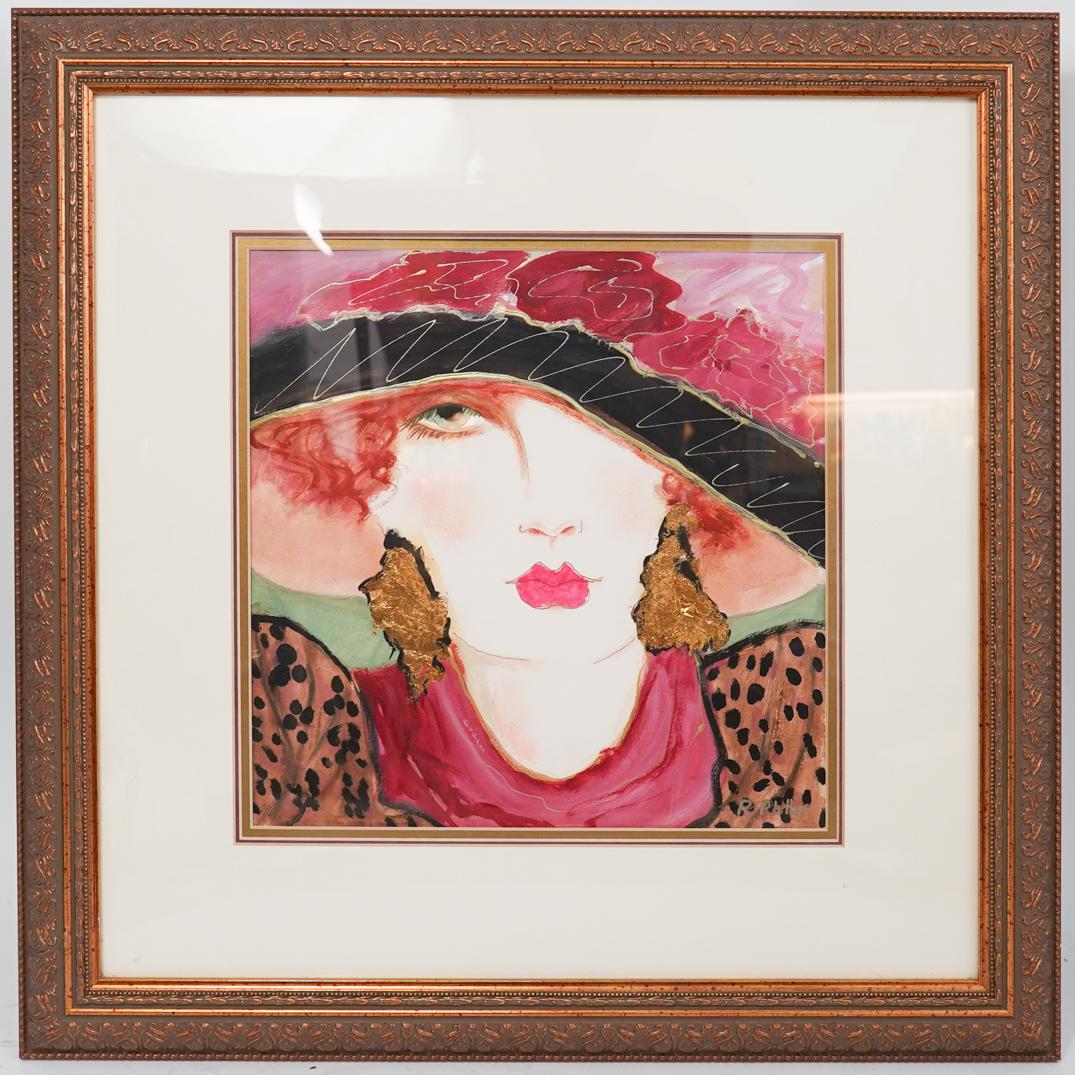 Rhoda Philips "Elegance" Mixed Media Painting: DESCRIPTION: "Elegance" by Rhoda Phillips depicts an upclose shot of a woman wearing different shades of pink and a dotted overcoat. Executed in mixed media watercolor.CIRCA: 20th CenturyORIGIN: USAÃ