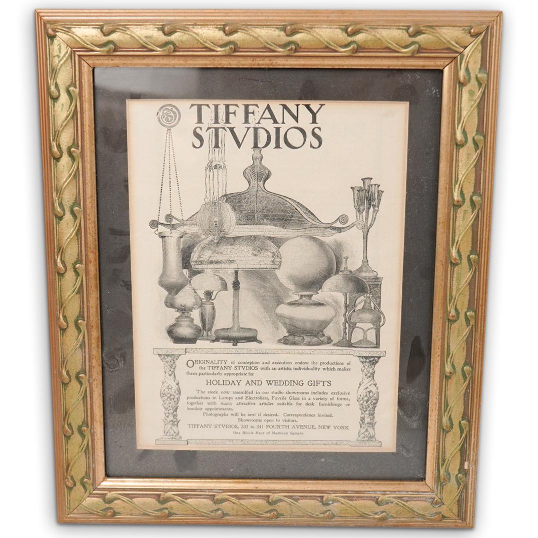 Framed Tiffany Studios Advertisement: DESCRIPTION: Framed Tiffany Studios advertisement made for their showrooms, originally printed to advertise wedding and holiday gifts.CIRCA: Early - Mid 20th CenturyORIGIN: USADIMENSIONS: L 11.5" x W 