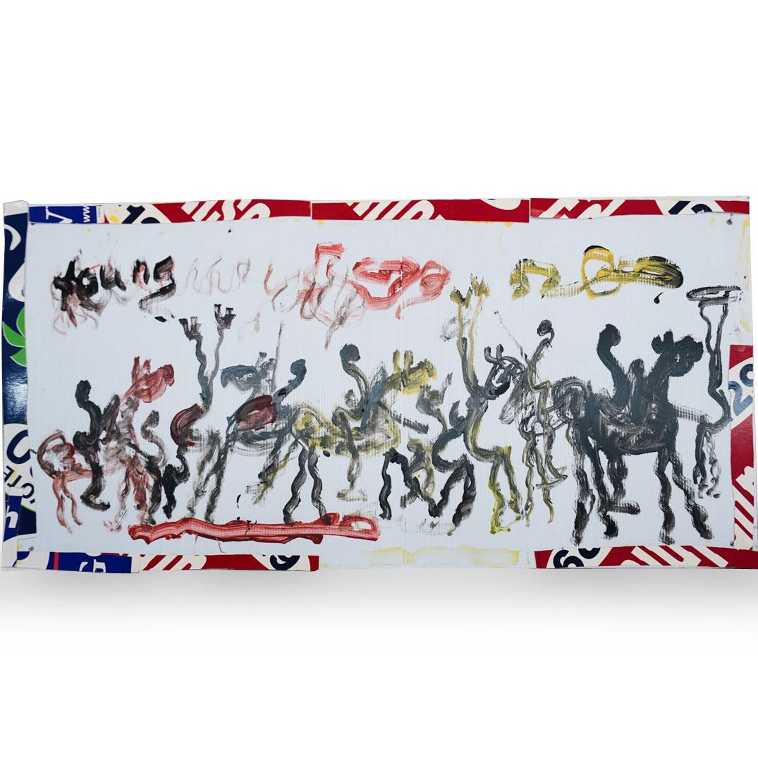 Purvis Young (American 1943-2010) Mix Media: DESCRIPTION: A Purvis Young Mixed Media painting depicts warriors atop horses, completed in multi colored hues, signed "Young". (Verso) Vote for Linda Haskins Sign. CIRCA: 1990s ORIGIN: USA DIMENSIONS