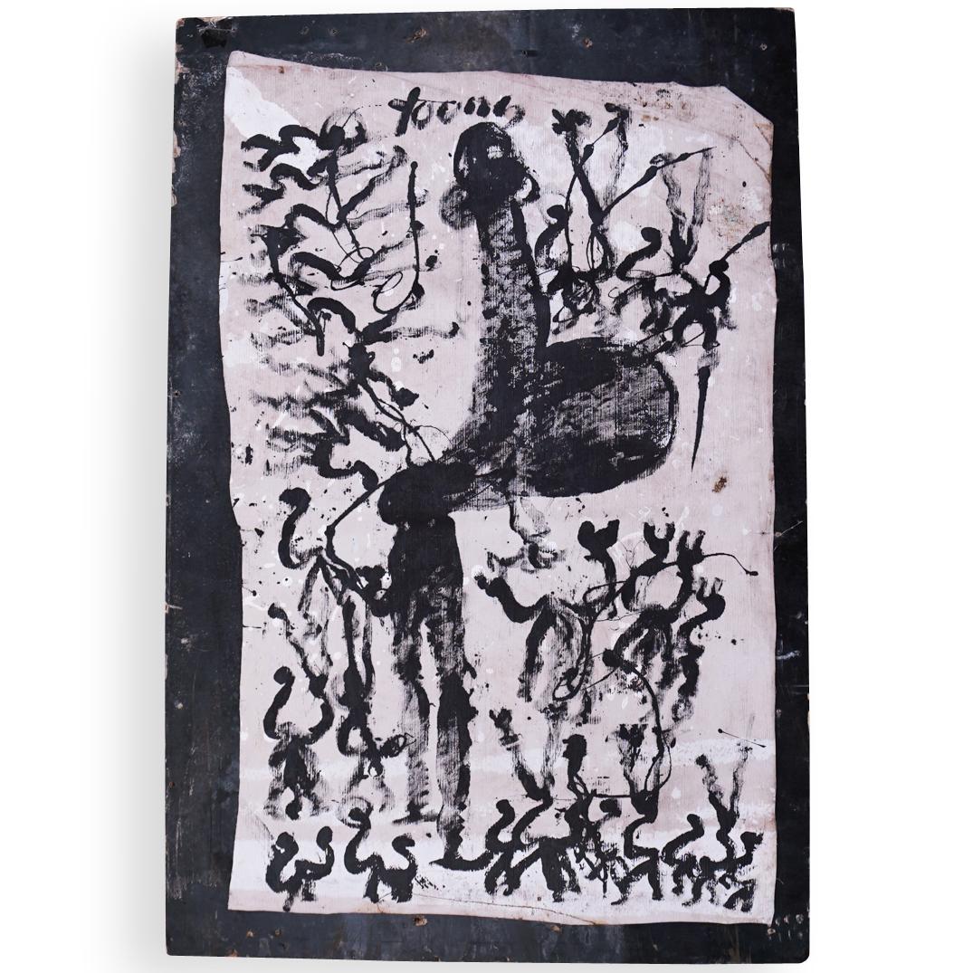 Purvis Young (American, 1943-2010) Mixed Media: DESCRIPTION: A Purvis Young mixed media (Paint, Tarp, Particle-board) Featuring Young's depiction of a pregnant women with his traditional abstract figures painted in black & white all around. Positio