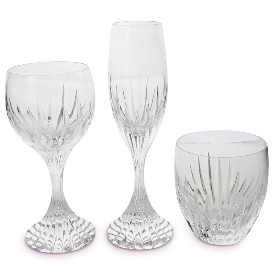 (3 Pc) Set of Baccarat Crystal "Jupiter" Glasses: DESCRIPTION: Set includes: (1) Baccarat "Jupiter" crystal champagne flute glass adorning beveled cuts going from the base, up the stem, and around the body. Marked "Baccarat France" under the base. (H