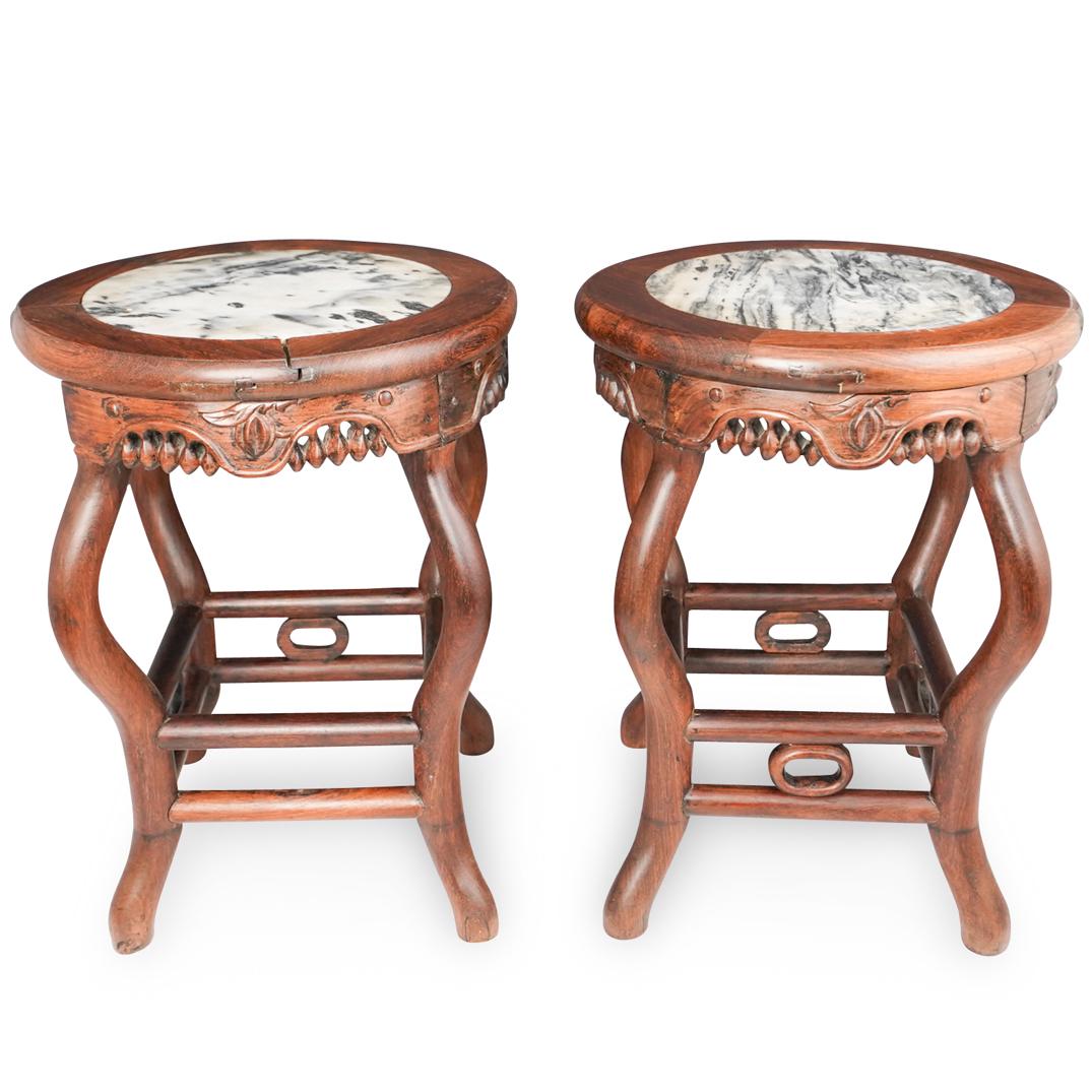 (2 Pc) Chinese Carved Wood Stands With Marble Tops (1 of 5)