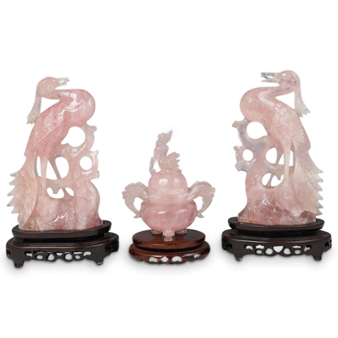 (3 Pc) Chinese Carved Rose Quartz Figurines (1 of 6)
