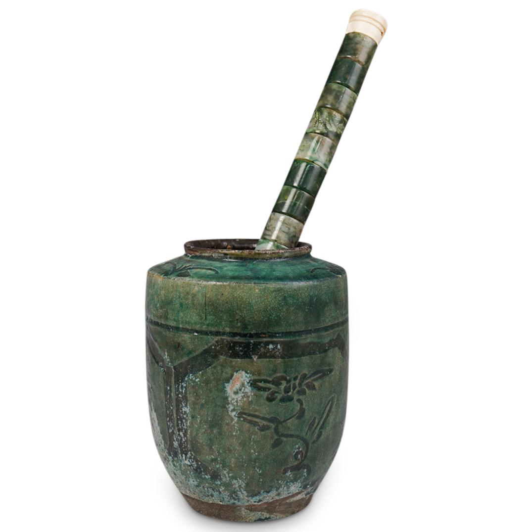 Antique Chinese Calligraphy Brush & Pot: DESCRIPTION: An antique Chinese Calligraphy brush and brush pot. Features a Calligraphy brush composed of bone and polished semi-precious stones. A ceramic green glazed brush pot with character markin