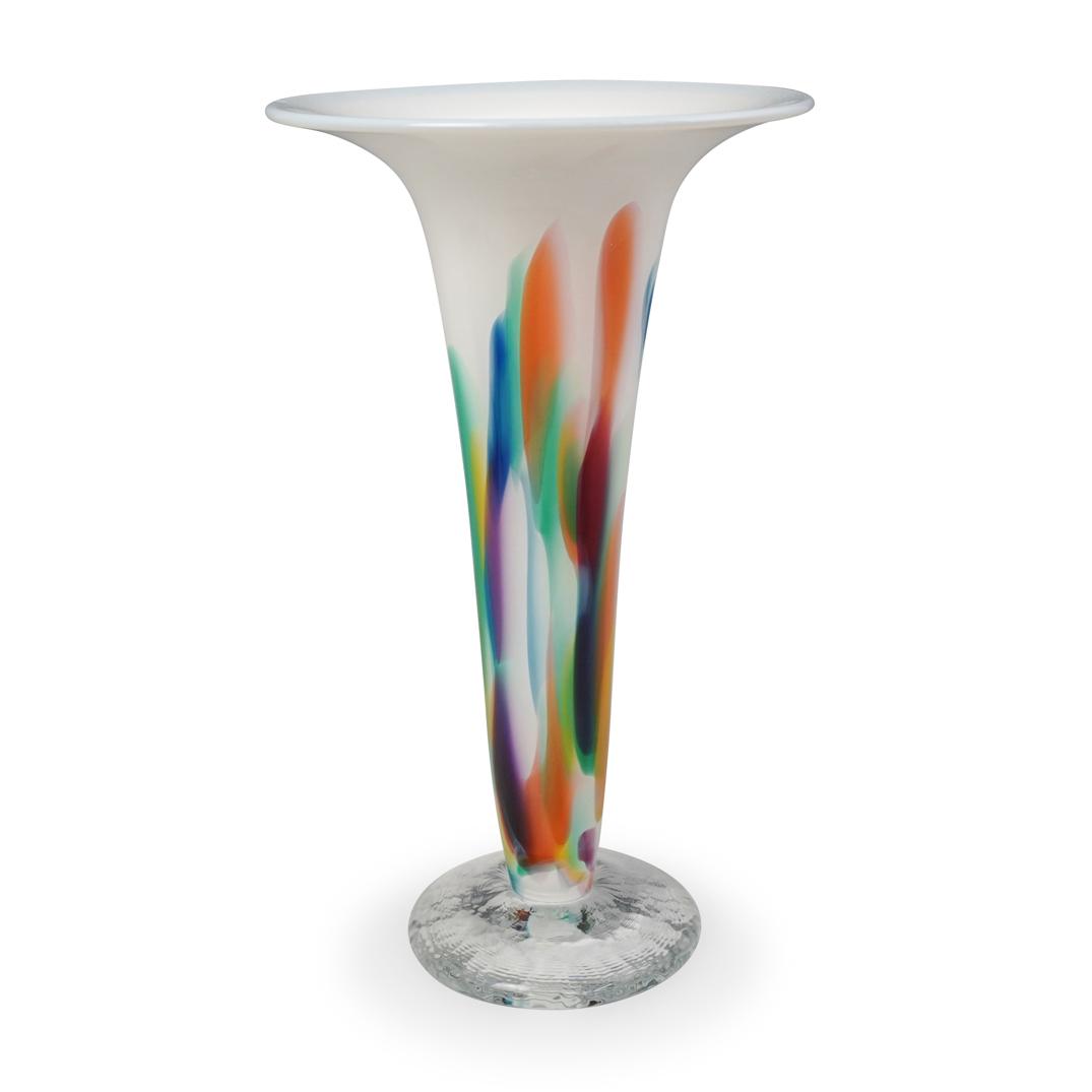 Murano Glass Vase: DESCRIPTION: Murano glass vase featuring a clear base and a tapered body. Garnished with a multi color brushstroke motif. CIRCA: 20th Century ORIGIN: Italy DIMENSIONS: H 11.5" x W 6.5" CONDITION: Grea