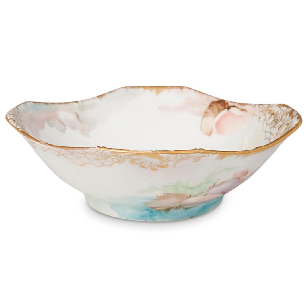 Antique Limoges Tressemanes & Vogt Serving Bowl: DESCRIPTION: Antique Limoges Tressemanes & Vogt Serving Bowl. Features hand painted shells and floral design. Finished with a mint green and gilded foliage rim. Signed "R.S " CIRCA: 20th Ct ORIGIN: Fr