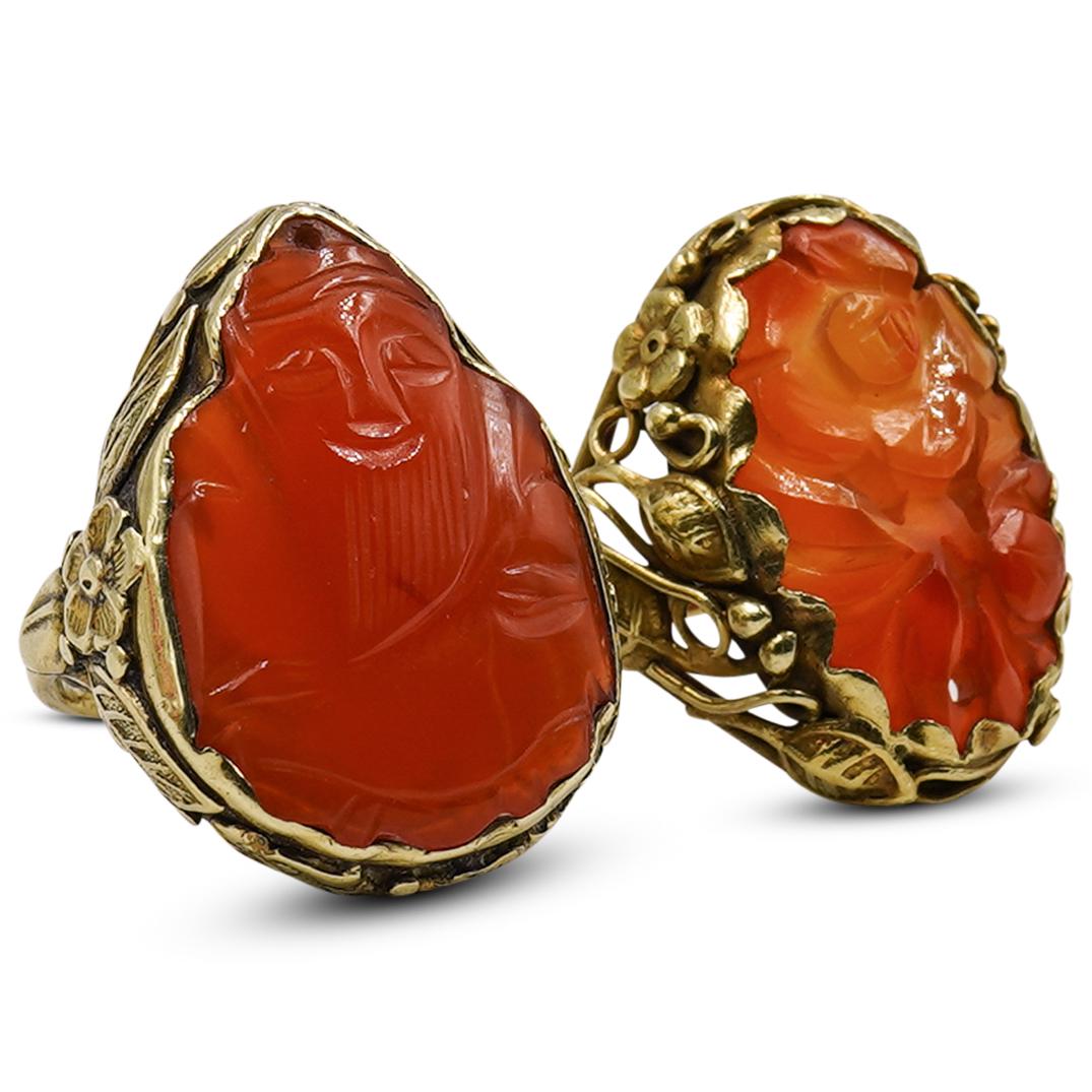 (2 Pc) 14k Gold and Carved Agate Rings (1 of 4)