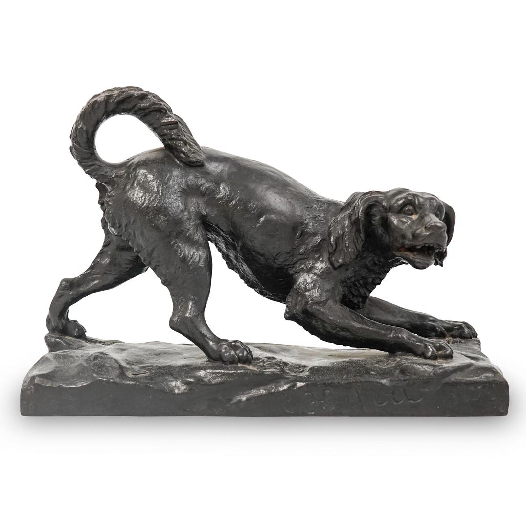 After Pierre Hebert (19th Cent.) Cast Iron Spaniel: DESCRIPTION: A Cast Iron sculpture after Pierre Hebert depicts spaniel dog, completed in a dark brown patina. Signed along the side "P. Hebert 1837" CIRCA: 19th Cent. ORIGIN: France DIMENSIONS: H: 9" 