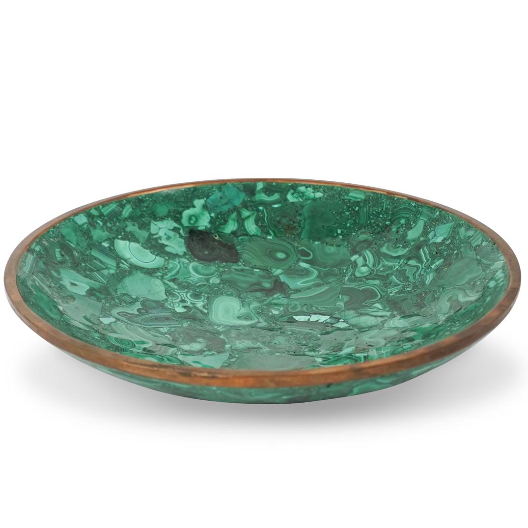 Mid Century Malachite Center Bowl: DESCRIPTION: A Mid Century Malachite center bowl features inlaid Malachite along the inner and outer bowl, completed with a brass bordering. CIRCA: 1960s ORIGIN: USA DIMENSIONS: H: 2.75" Diameter: 12"