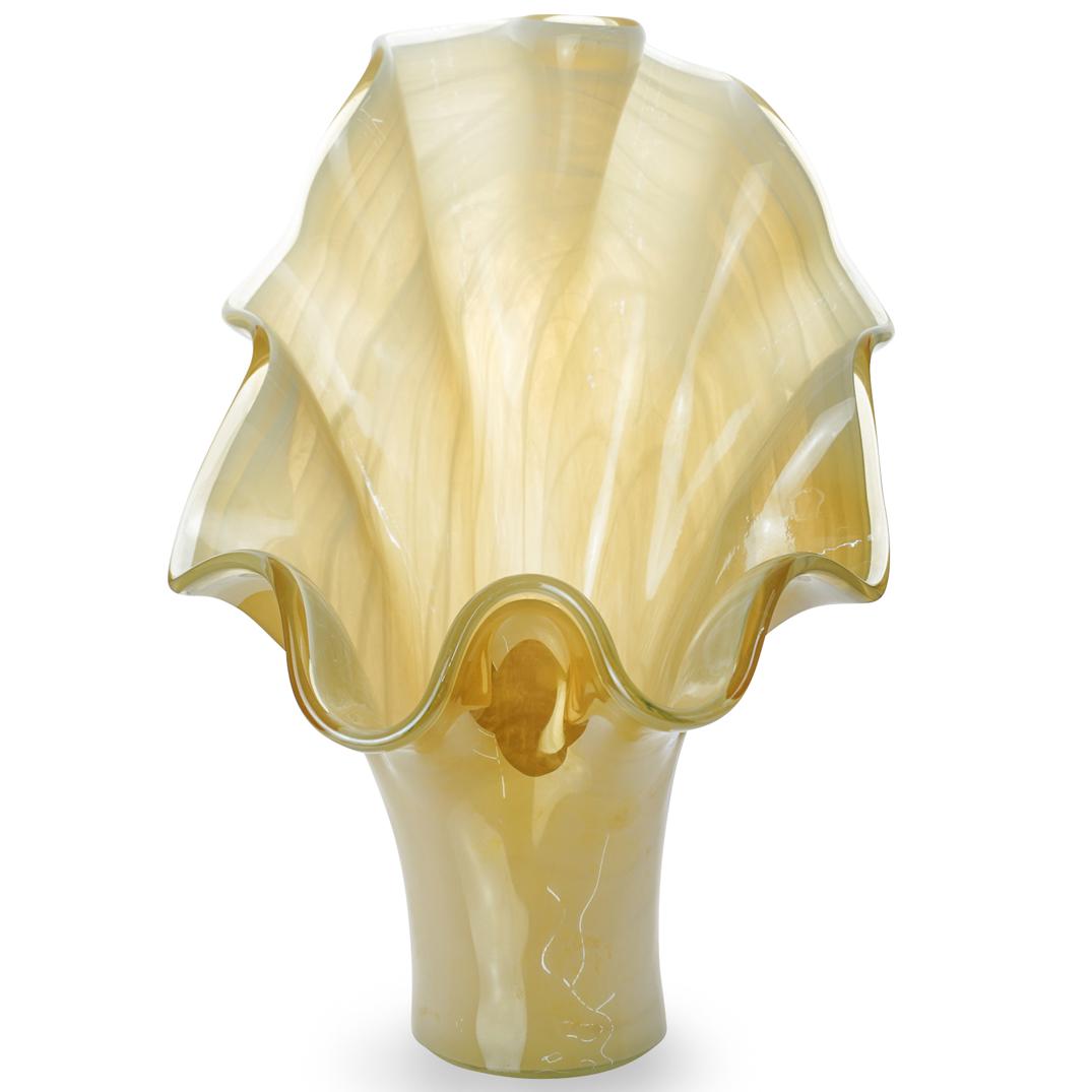 Large Murano Glass Oyster Vase: DESCRIPTION: A Large Murano glass vase features in an oyster form with a wavering rim, executed in iridescent beige and white hues, stickered along the bottom "Murano Made In Italy". CIRCA: Late 20th 