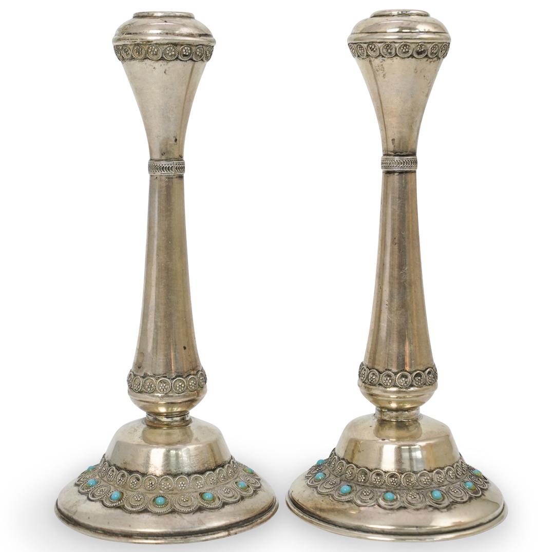 Pair Of Judaica Sterling and Turquoise Candlesticks (1 of 6)