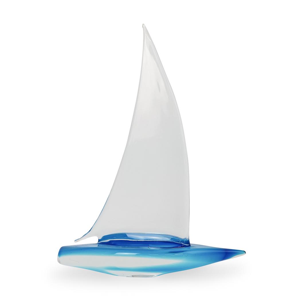 Murano Glass Sailboat Figurine: DESCRIPTION: Murano glass sailboat figurine with an infused blue bottom and a clear sail. CIRCA: 20th Century ORIGIN: Italy DIMENSIONS: H 17.0" x W 12.0" CONDITION: Great condition. See lot descriptio
