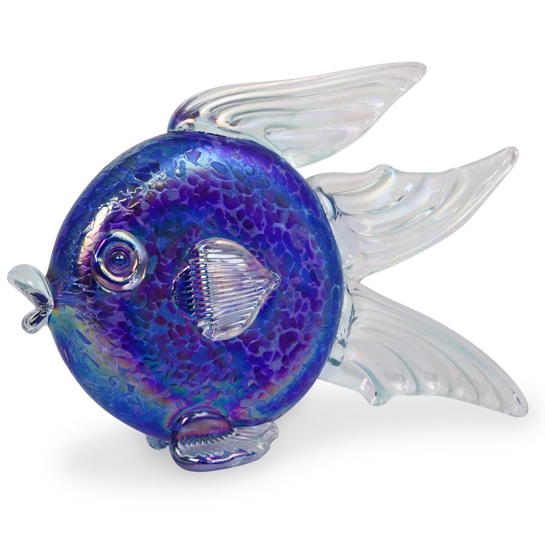 Roger Vines Signed Art Glass Fish Figurine: DESCRIPTION: Art glass fish figurine, made by Roger Vines, depicts a fish in iridescent blue and purple hues. Signed "Vines 1994" CIRCA: 1994 ORIGIN: USA DIMENSIONS: H 9.0" x W 13.0" CONDITION: Great 