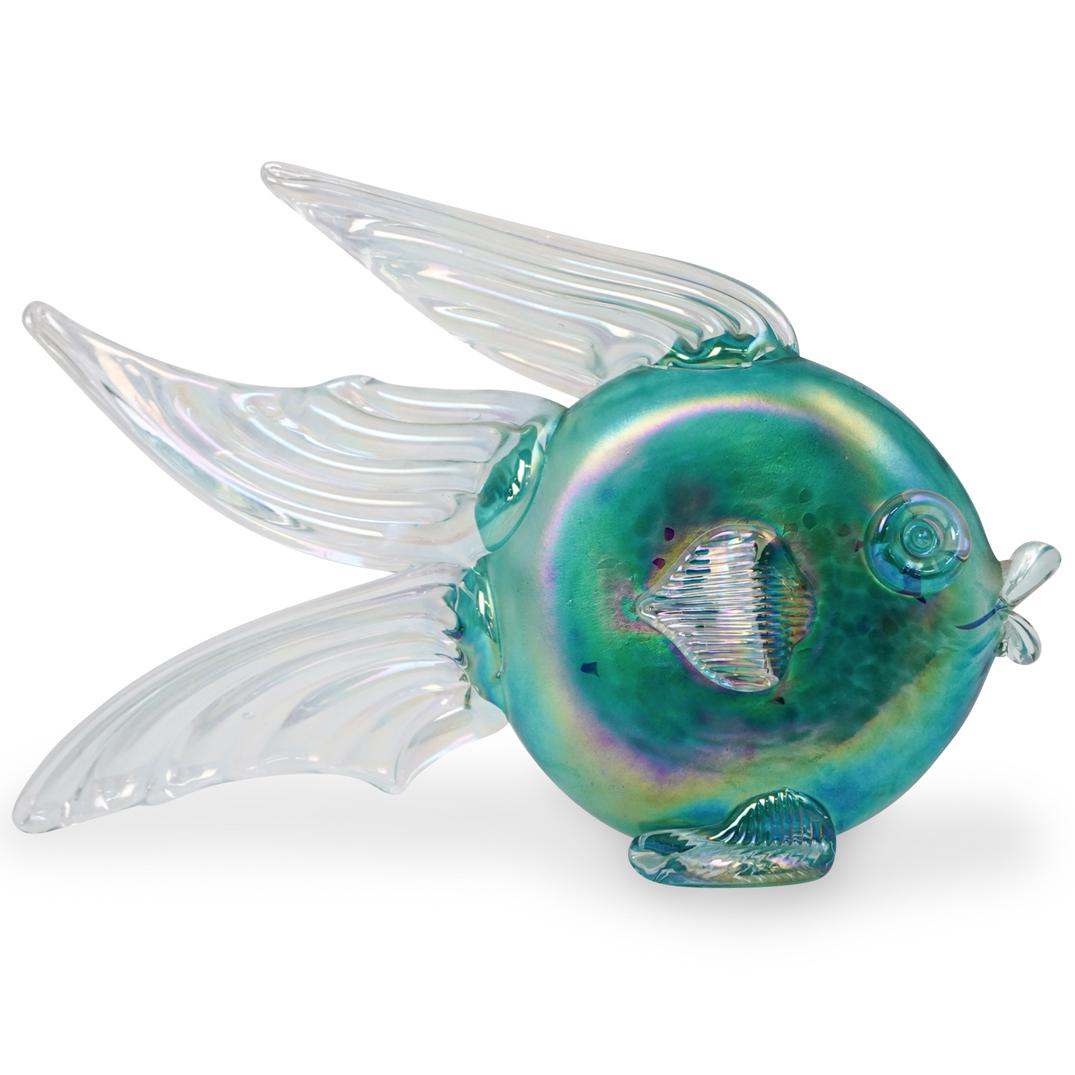 Roger Vines Signed Art Glass Fish Figurine: DESCRIPTION: Art glass fish figurine, made by Roger Vines, depicts a fish in an iridescent green hue. Signed "Vines 1994" CIRCA: 1994 ORIGIN: USA DIMENSIONS: H 9.0" x W 13.0" CONDITION: Great conditio