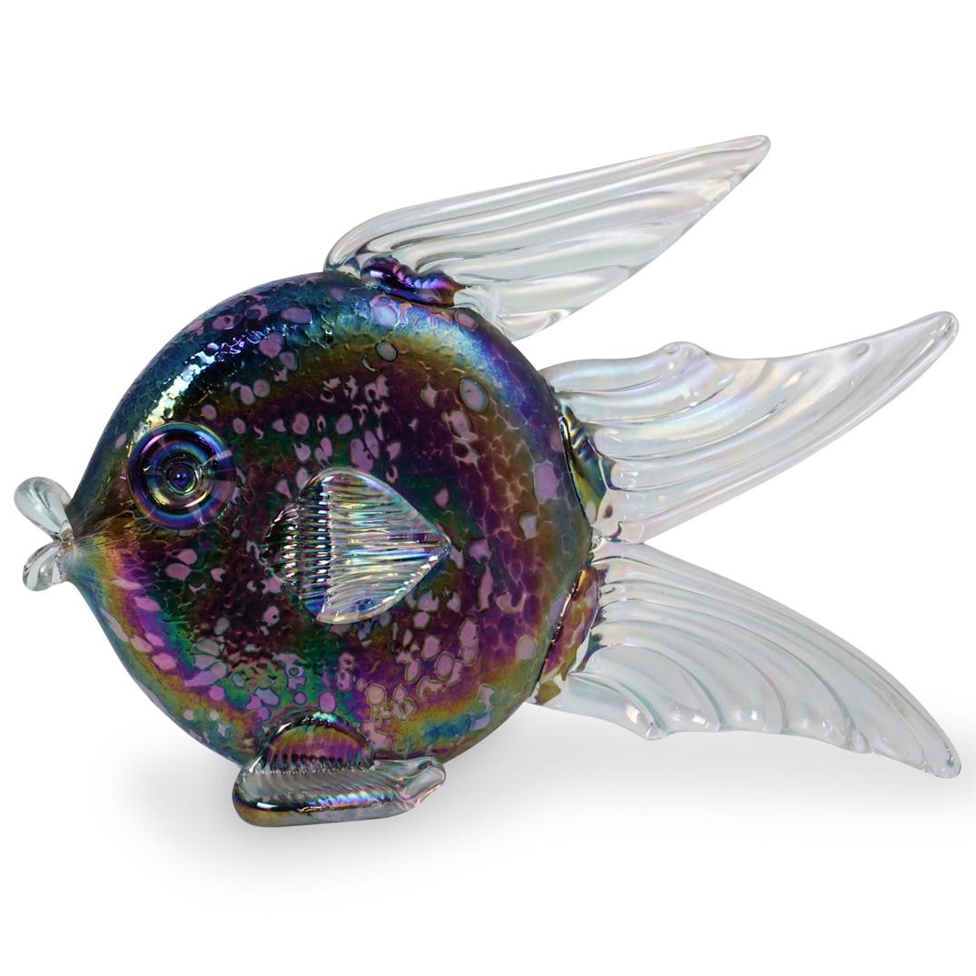 Roger Vines Signed Art Glass Fish Figurine: DESCRIPTION: Art glass fish figurine, made by Roger Vines, depicts a fish in iridescent hue, featuring colors mostly of green, purple, blue, as well as other colors. Signed "Vines 1994" CIRCA: 1994 OR