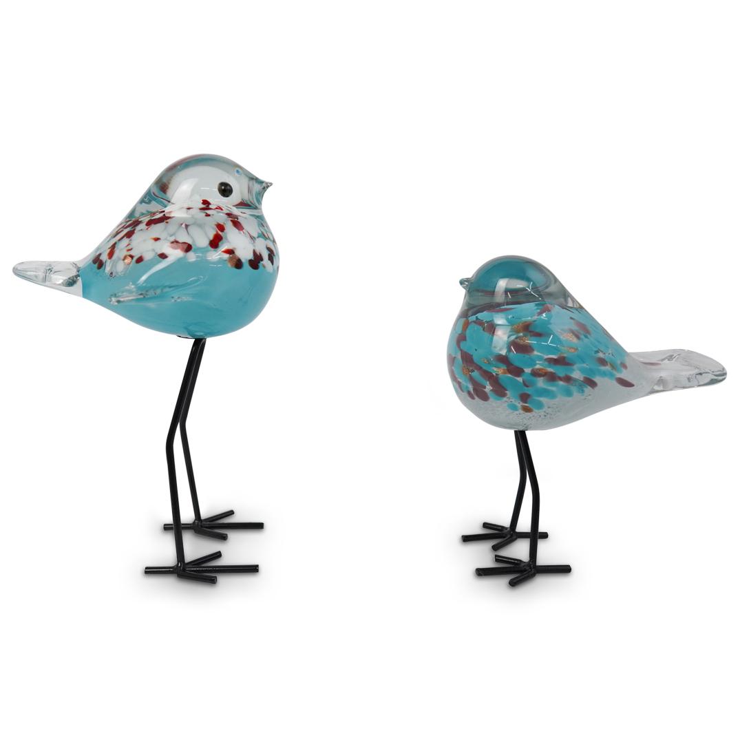 Pair of Murano Glass Birds: DESCRIPTION: Pair of Murano glass birds featuring baby blue, red, and white hues infused. The birds are rested on metal stands made to look like long legs. CIRCA: 20th Century ORIGIN: Italy DIMENSIONS