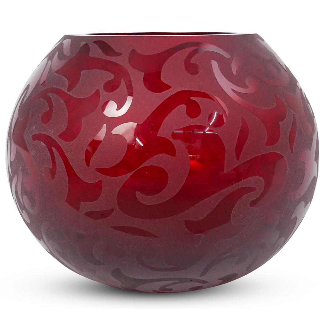 Signed Etched Ruby Glass Vase (1 of 3)