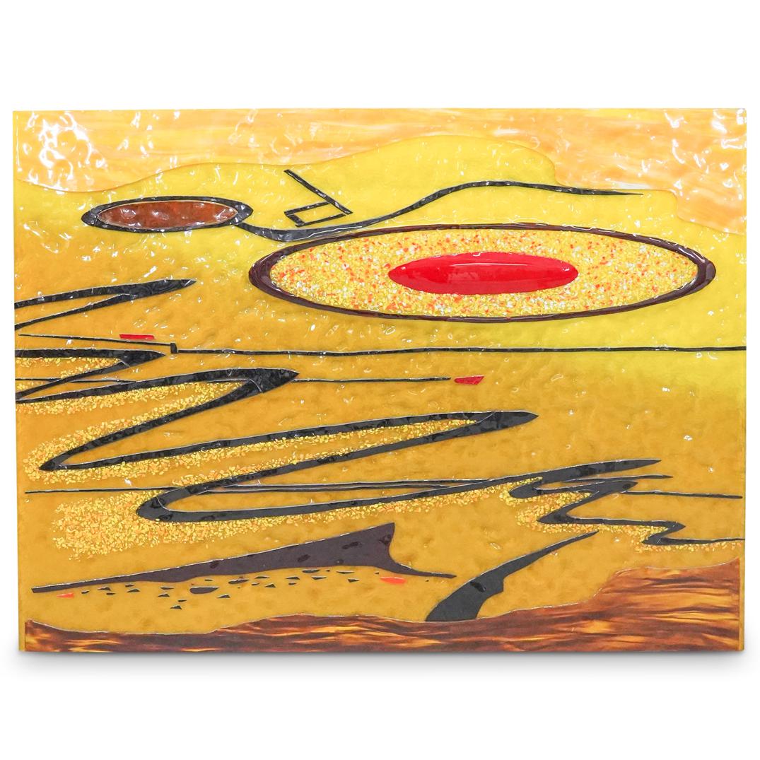 Large Abstract Fusion Glass Tile: DESCRIPTION: A large abstract fusion glass tile. Features an overall yellow colored background design with accents of red and black color tones. Decorated with crumbled tile pieces creating textured a