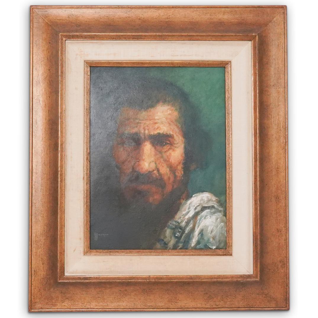 William Weintraub (American, B. 1926) Signed Painting: DESCRIPTION: William Weintraub (American, B. 1926) Signed oil on canvas painting. Featuring the portrait of an aged man. Signed "Weintraub" bottom left. Complete mounted in gilt wood frame. CIRCA: 20t