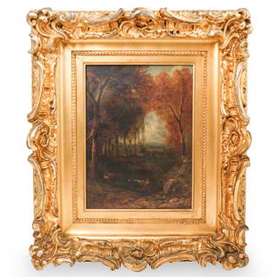 William M. Hart (American 1823-1894) Oil Painting: DESCRIPTION: An Oil on canvas painting by William M. Hart depicts cows in a landscape scene, singed along the lower left "W.C Hart". Completed with an ornate gilded frame. CIRCA: 19th Cent. ORIGIN: US