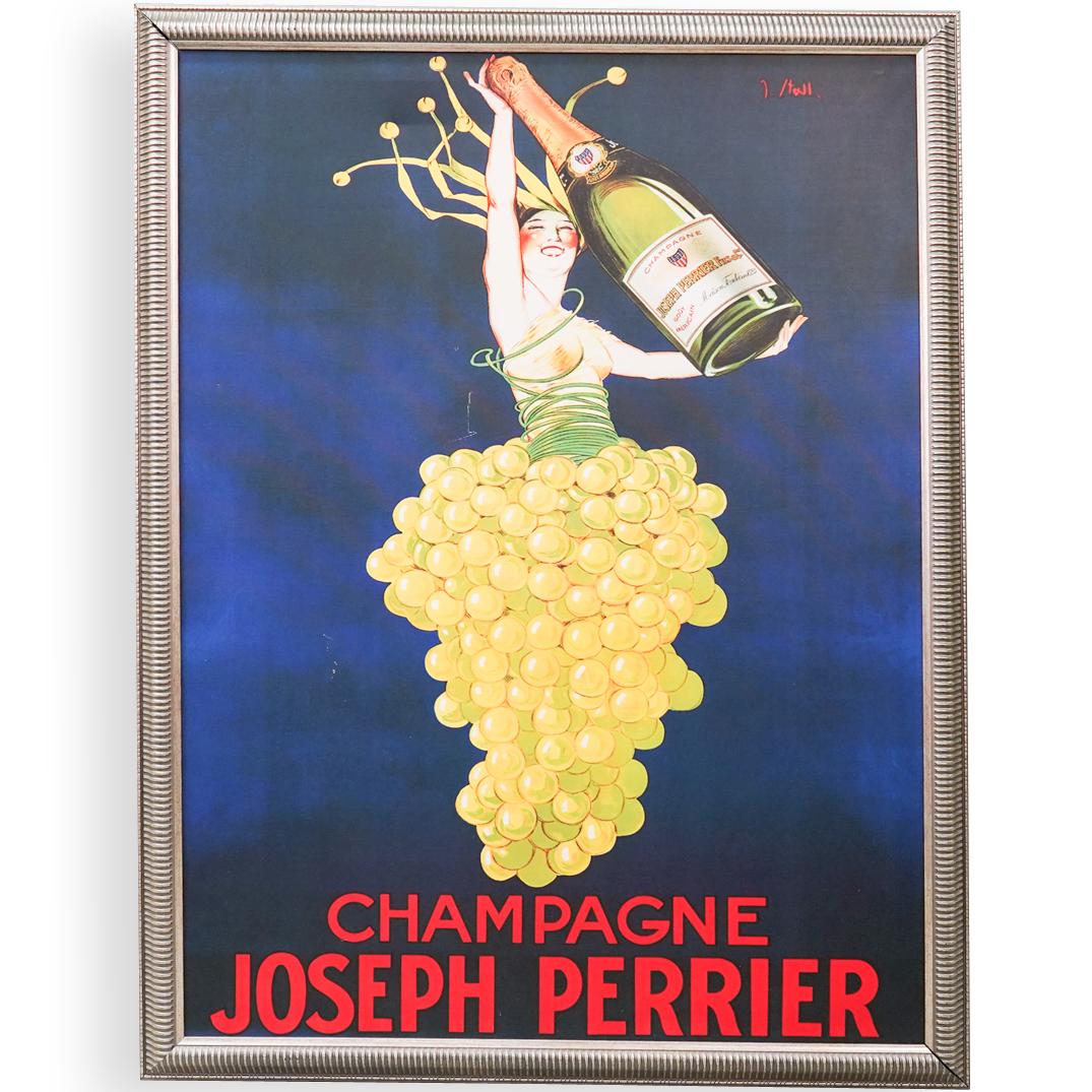 Style of Joseph Perrier Giclee on Canvas: DESCRIPTION: Style of Joseph Perrier Giclee on Canvas. Titled: " Champagne". Finished in a silver frame. CIRCA: 20th Ct DIMENSIONS: W: 37"x H: 29" CONDITION: Good condition. Painting has been relined.