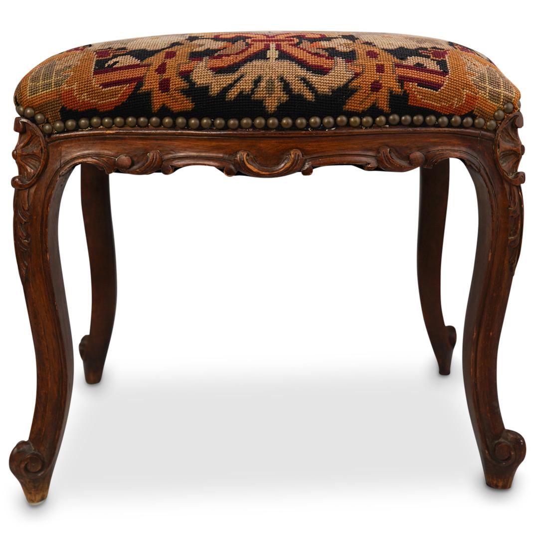 Antique Wood and Needle Point Stool (1 of 8)