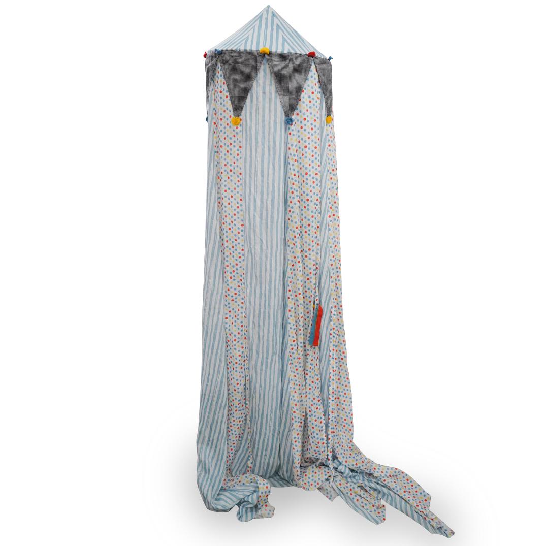 Mackenzie Childs 'Happy Campers' Tent: DESCRIPTION: A Mackenzie Childs "Happy Campers" set features a tent and pillow decorated with stripe patterns in blue hues. CIRCA: 21st Cent. ORIGIN: USA DIMENSIONS: (Tent H: 88" Diameter: 19") CONDIT