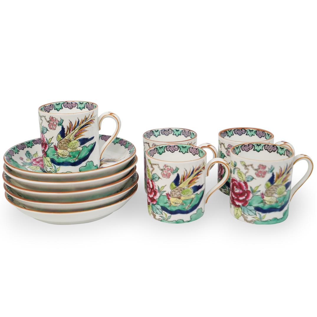 (10 Pc) Staffordshire Porcelain "Rock Bird" Tea Set: DESCRIPTION: Staffordshire porcelain "Rock Bird" tea set includes: (5) Staffordshire porcelain teacups adorning the "Rock Bird" pattern along with floral rim on the inside and gilt trimming all round.