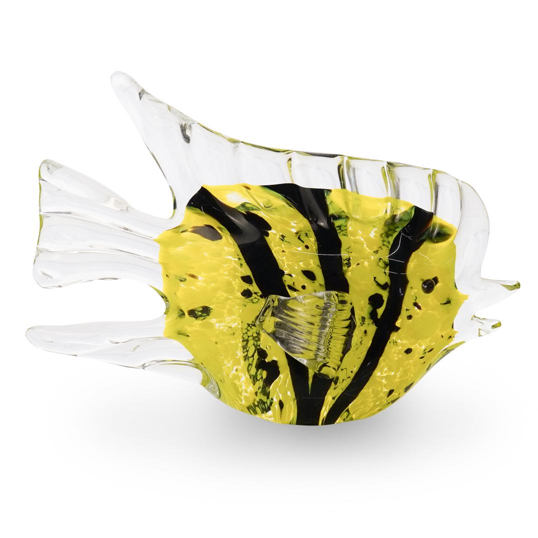 Murano Glass Fish Figurine: DESCRIPTION: Murano glass fish figurine infused with a yellow hue and black stripes. CIRCA: 20th Century ORIGIN: Italy DIMENSIONS: H 5.0" x W 7.0" CONDITION: Great condition. See lot description for d