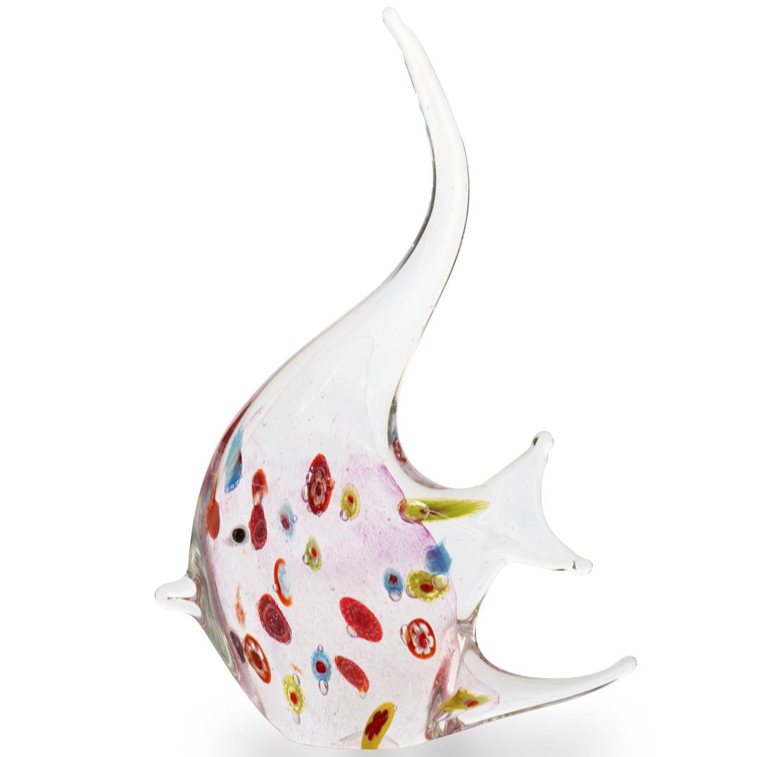 Murano Glass Fish Figurine: DESCRIPTION: Murano glass fish figurine adorning a light pink hue and millefiori accents infused. CIRCA: 20th Century ORIGIN: Italy DIMENSIONS: H 9.0" x W 5.5" CONDITION: Great condition. See lot desc