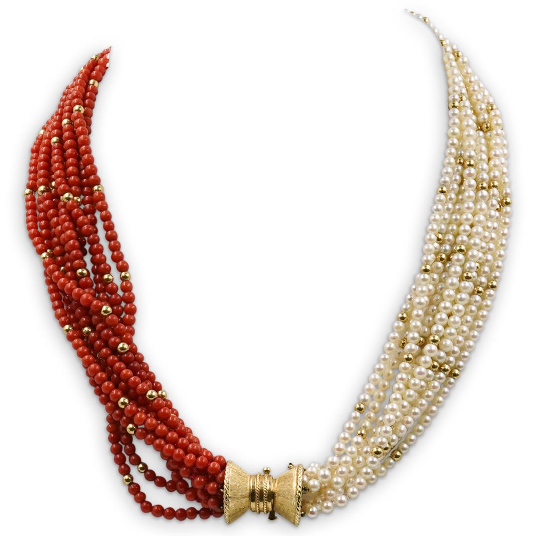 14k Gold, Coral and Beaded Pearl Necklace (1 of 5)